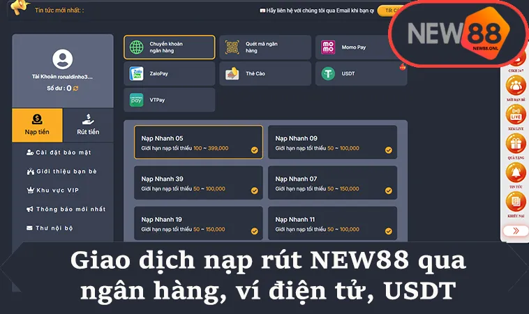Giao dịch nạp rút NEW88 qua ngân hàng, ví điện tử, USDT