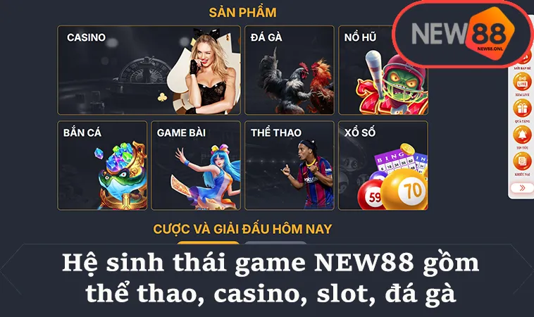 Hệ sinh thái game NEW88 gồm thể thao, casino, slot, đá gà
