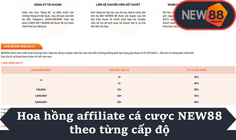 Hoa hồng affiliate cá cược NEW88 theo từng cấp độ
