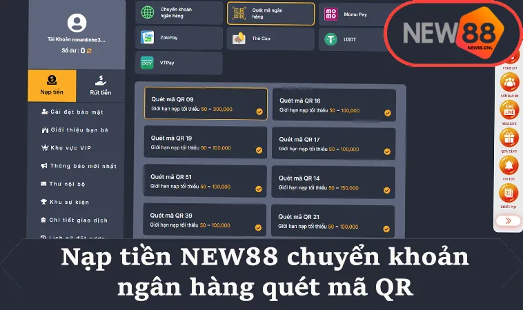 Nạp tiền NEW88 chuyển khoản ngân hàng quét mã QR