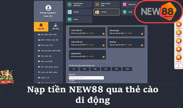 Nạp tiền NEW88 qua thẻ cào di động